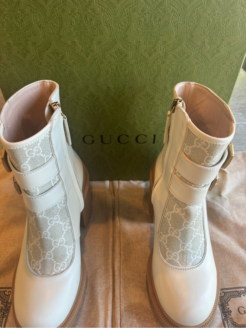 Gucci GG Supreme Canvas & Leather Lug Sole Platform Ankle Boots 35